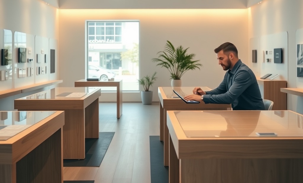 Interior of a Tacit Studio: pale oak display tables, a specialist working with a customer