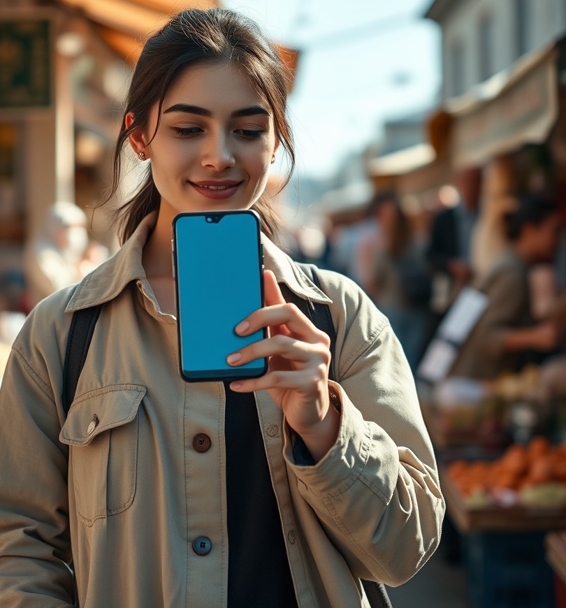 A traveler holding a Tacit phone at an open-air market, using Live Translate